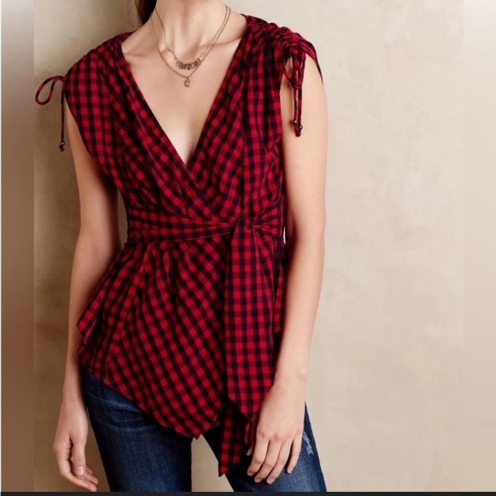 Anthropologie Red and Black Plaid Wrap Blouse